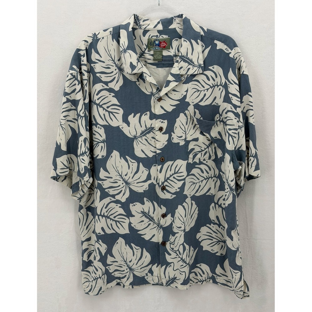 Hilo Hattie Shirt Mens Large Blue Tropical Floral Hawaiian Button Up Silk Summer